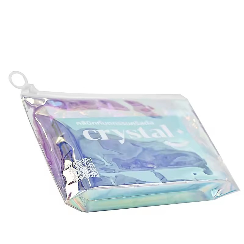 Holographic PVC Zipper Bag Stand Up Cosmetic Bag Packaging For Clothes Swimwear