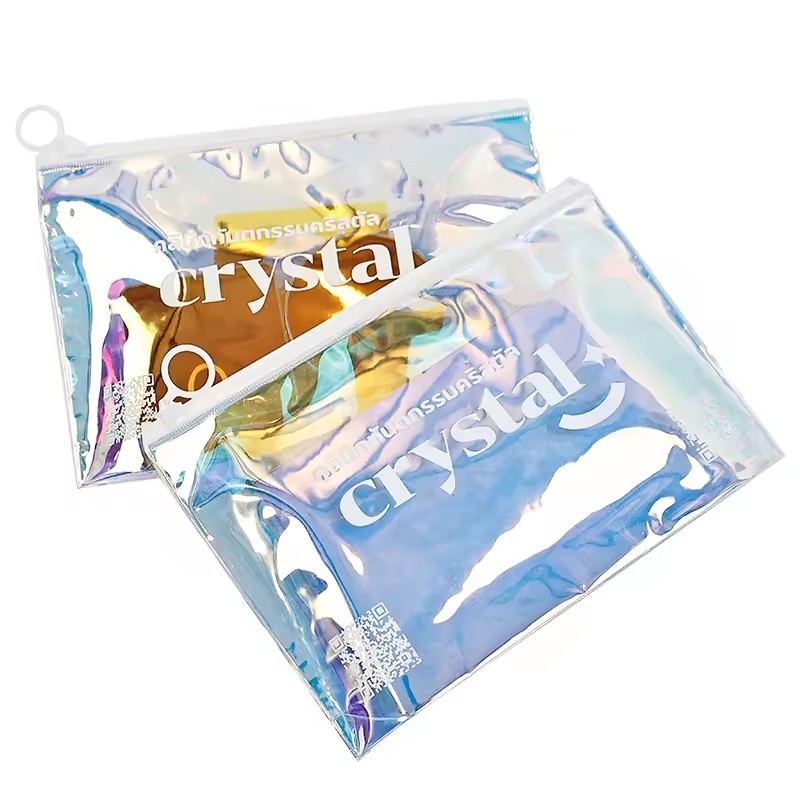 Holographic PVC Zipper Bag Stand Up Cosmetic Bag Packaging For Clothes Swimwear