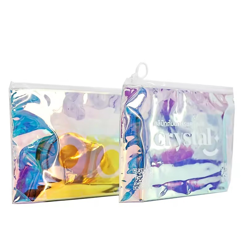 Holographic PVC Zipper Bag Stand Up Cosmetic Bag Packaging For Clothes Swimwear