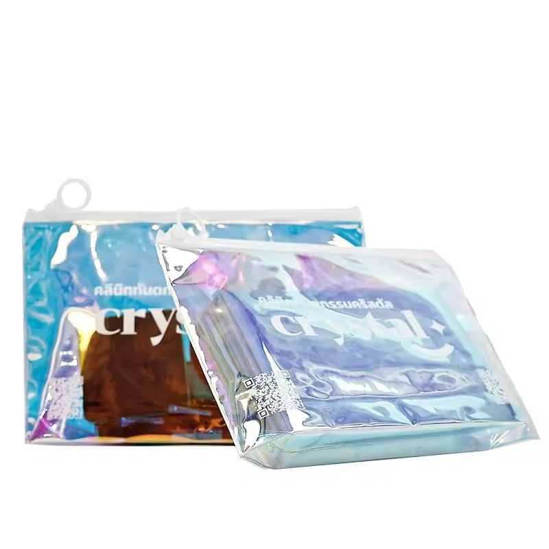 Holographic PVC Zipper Bag Stand Up Cosmetic Bag Packaging For Clothes Swimwear