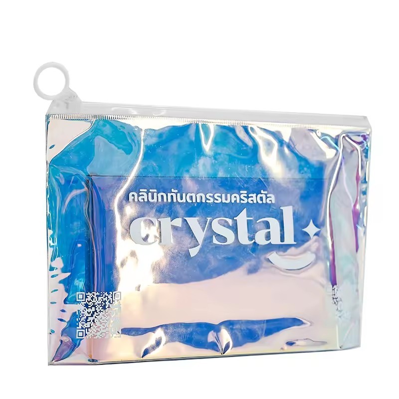 Holographic PVC Zipper Bag Stand Up Cosmetic Bag Packaging For Clothes Swimwear