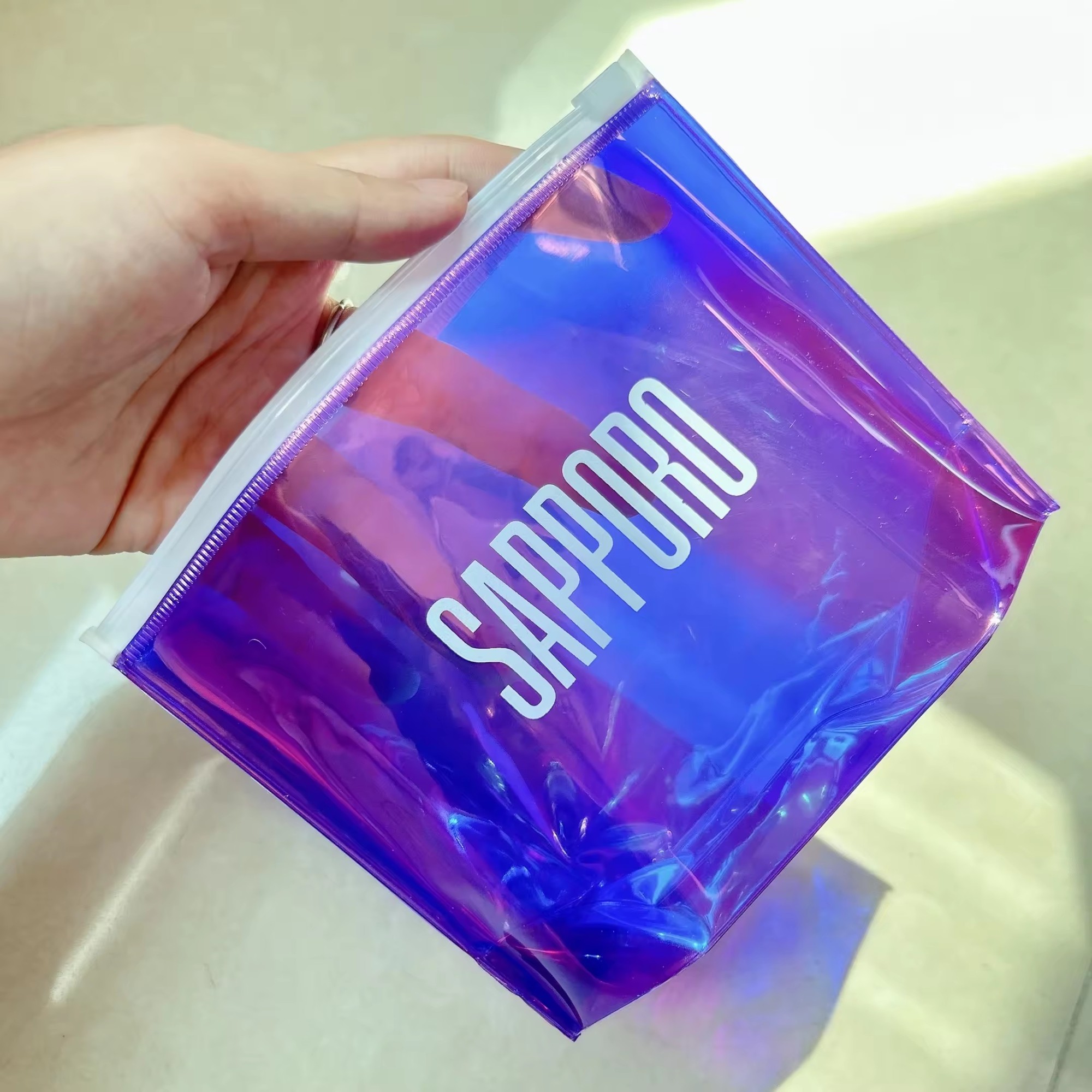 sustainable waterproof holographic bag PVC plastic zipper packaging bag Custom logo