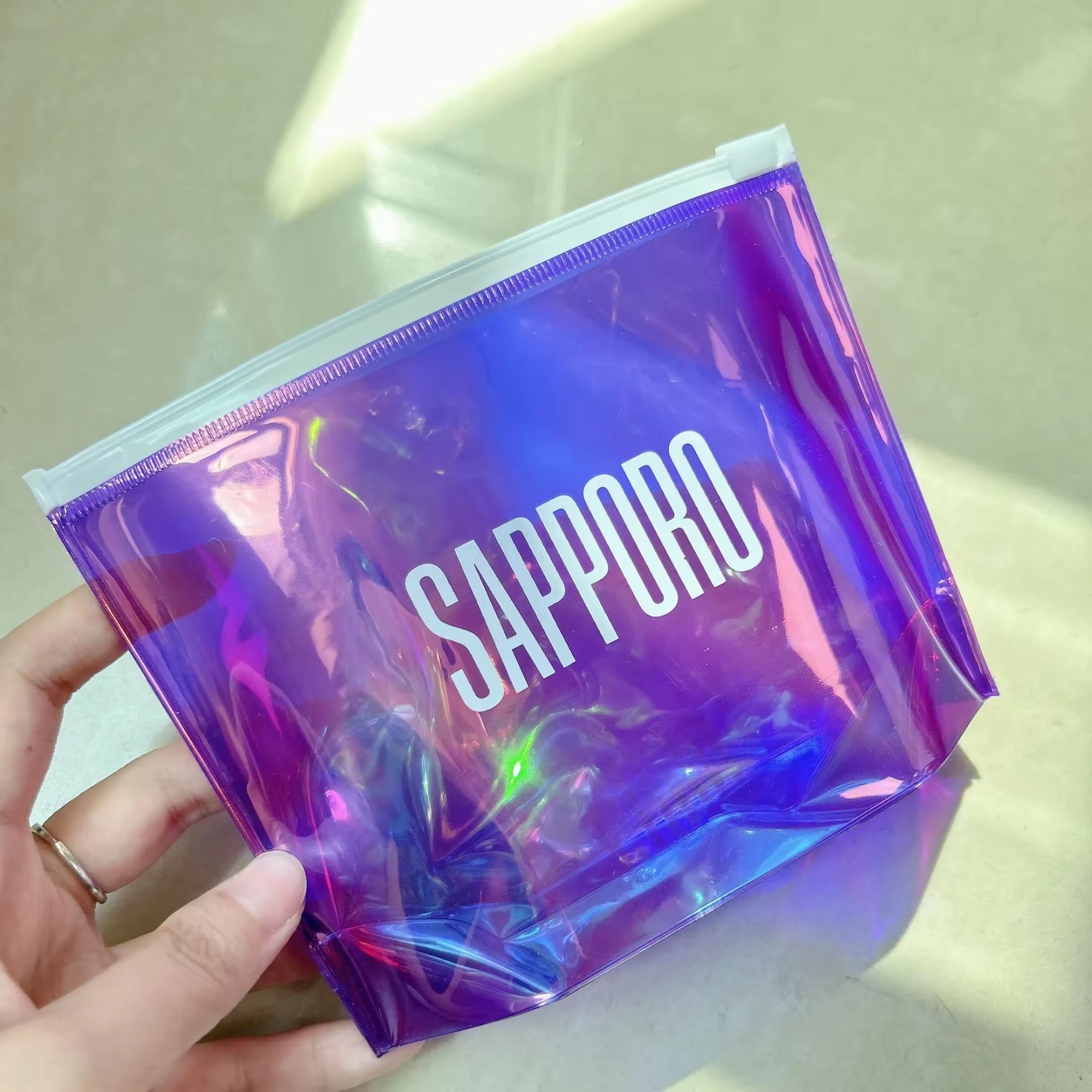 sustainable waterproof holographic bag PVC plastic zipper packaging bag Custom logo