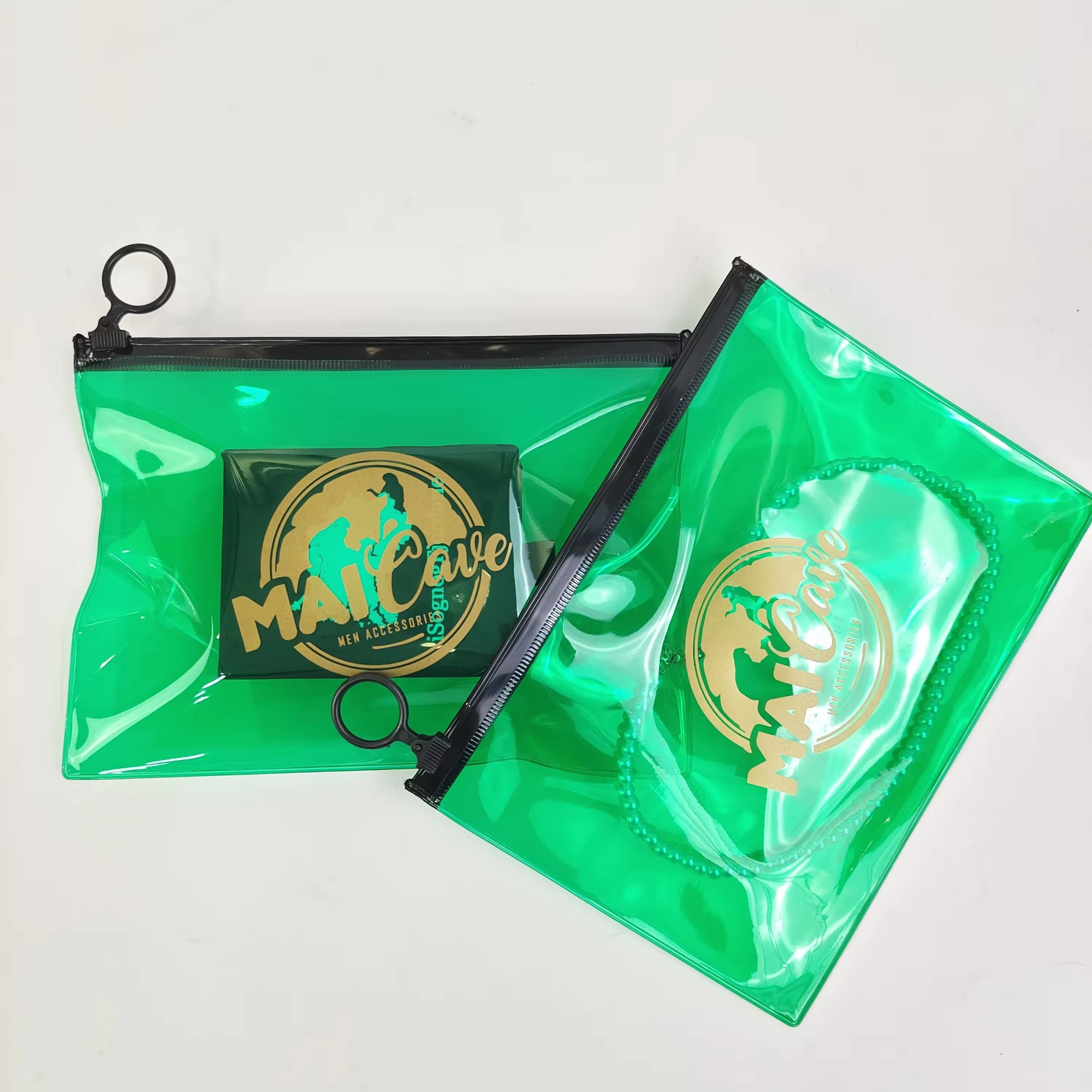 clear Holographic PVC zipper bags for makeup jewelry earring green Cosmetic Package Storage zip lock bags