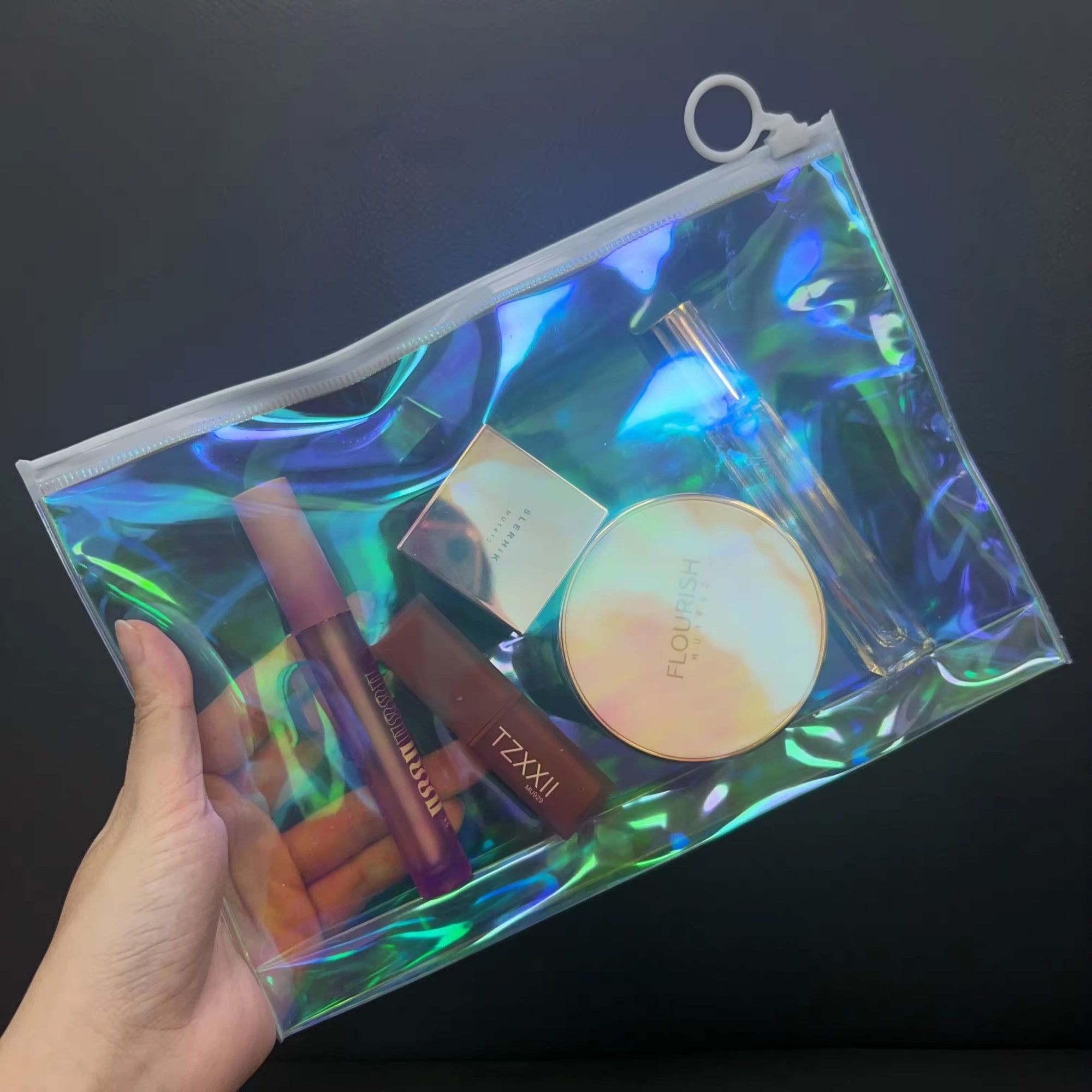 Holographic Zip Lock Pvc Pouch Bag For Cosmetic Makeup Brush Plastic Travel Zipper Bag