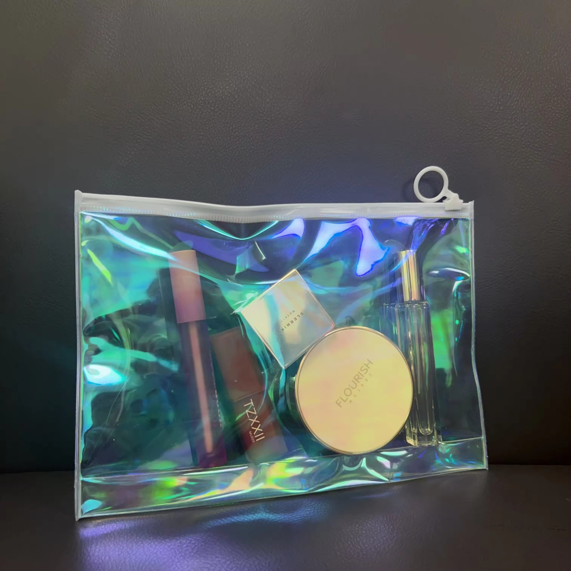 Holographic Zip Lock Pvc Pouch Bag For Cosmetic Makeup Brush Plastic Travel Zipper Bag