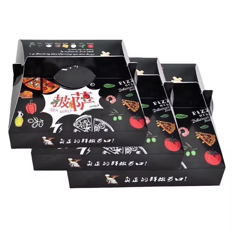 Custom Printing Black Pizza Packing Paper Box with Handle