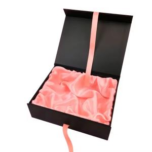 Printed Luxury Satin Lined Cardboard Boite Cadeau Magnetic Closure Black Hair Extension Packaging Box With Ribbon