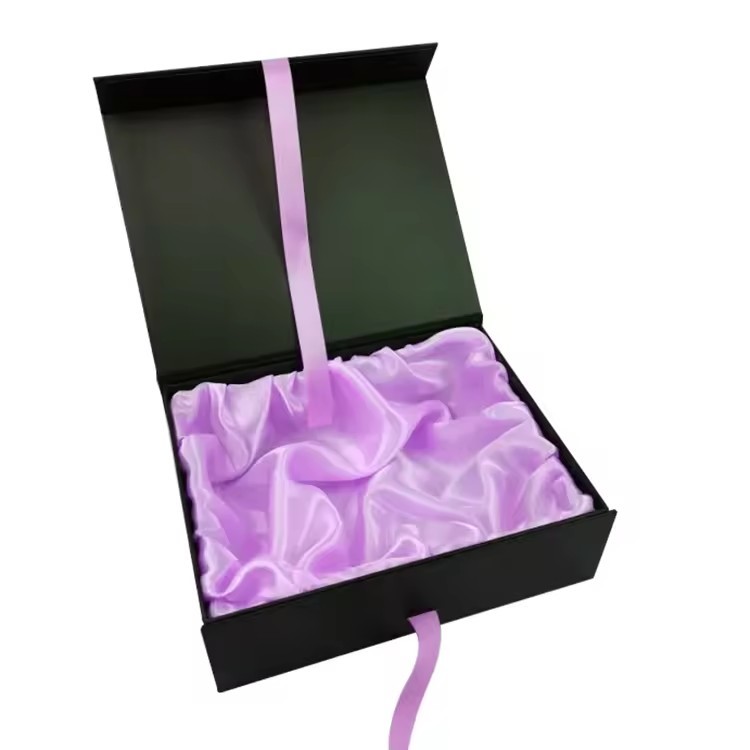 Printed Luxury Satin Lined Cardboard Boite Cadeau Magnetic Closure Black Hair Extension Packaging Box With Ribbon