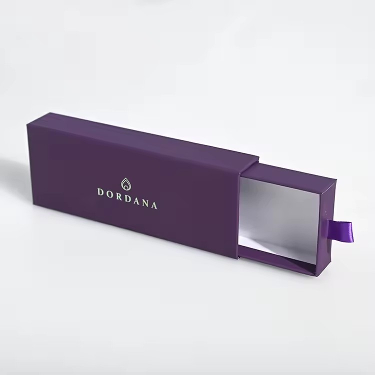 Luxury Rigid Paper Boxes with Small Pull out Sliding Drawer Hot Silver Logo Ribbon Closure for Jewelry Gift Packaging Box