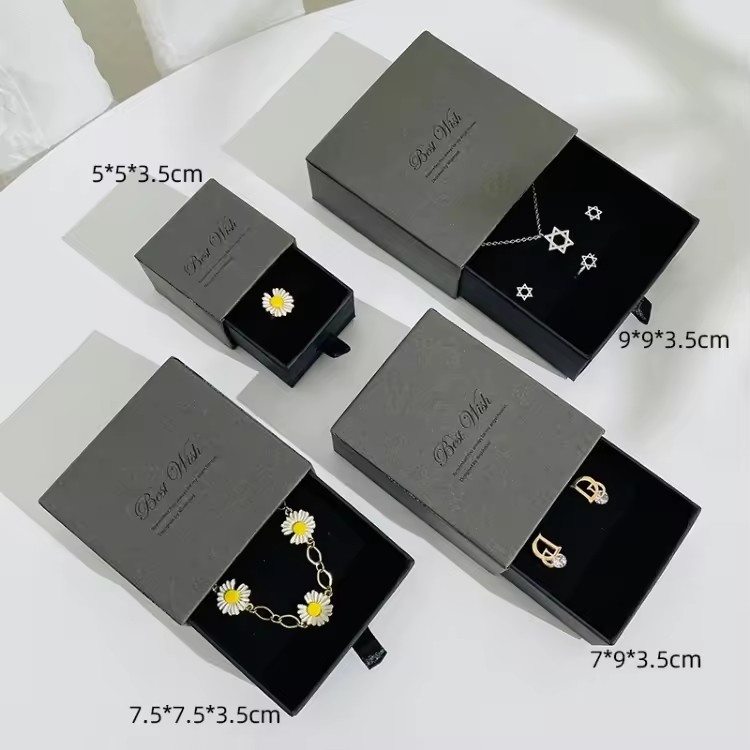 High Quality Luxury Black Small Paper Slide Drawer Jewelry Packaging Box With Logo