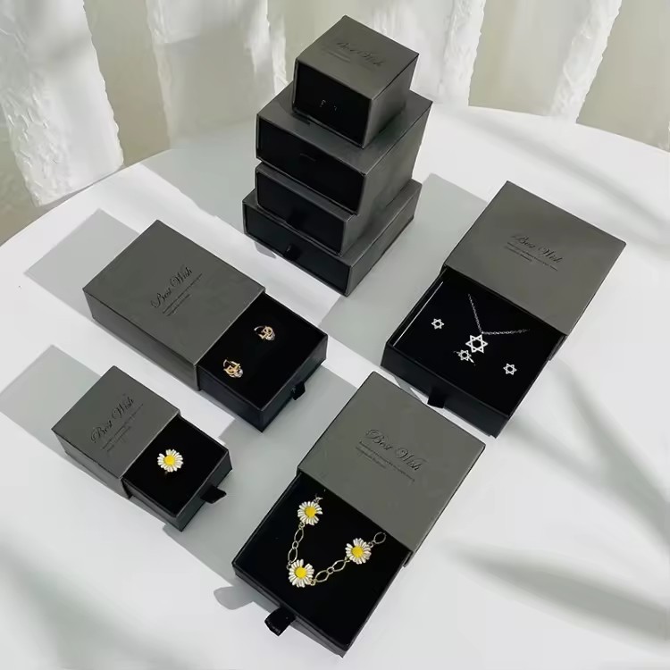 High Quality Luxury Black Small Paper Slide Drawer Jewelry Packaging Box With Logo