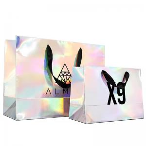 Luxury paper shopping bag beautiful holographic gift cosmetic carry bags with handle