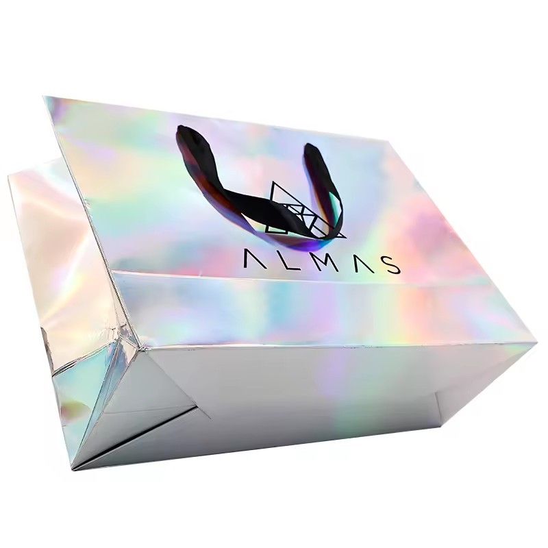 Luxury paper shopping bag beautiful holographic gift cosmetic carry bags with handle