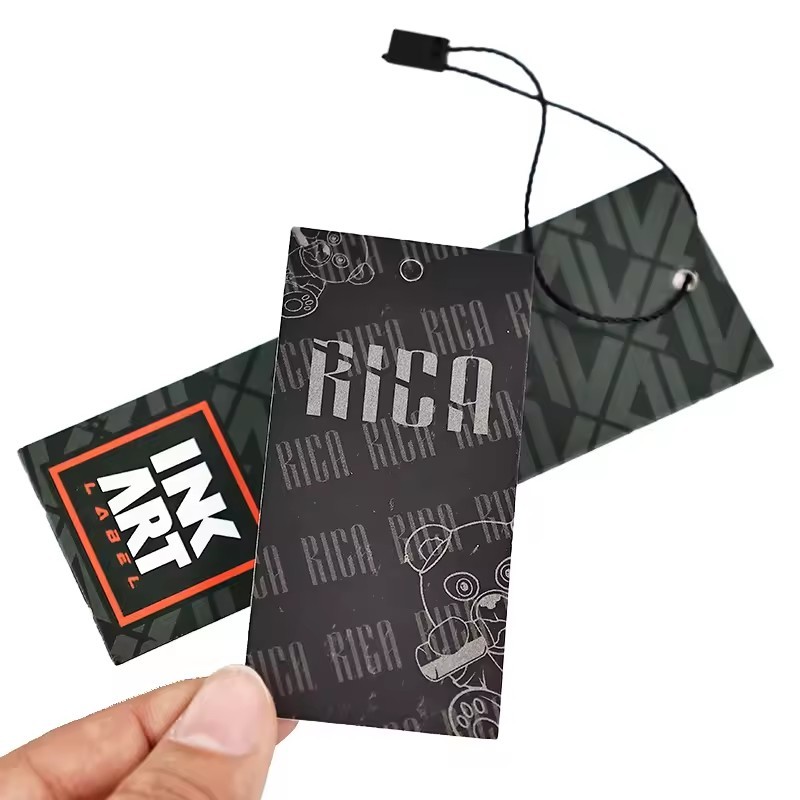 red black color thick coated paper CMYK printing UV logo hanging swing tags labels