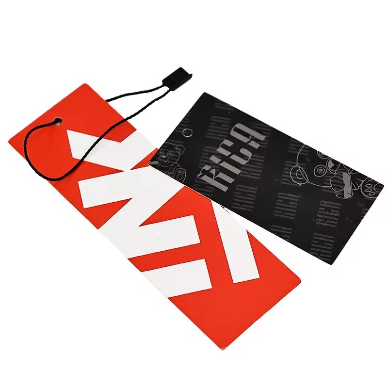 red black color thick coated paper CMYK printing UV logo hanging swing tags labels