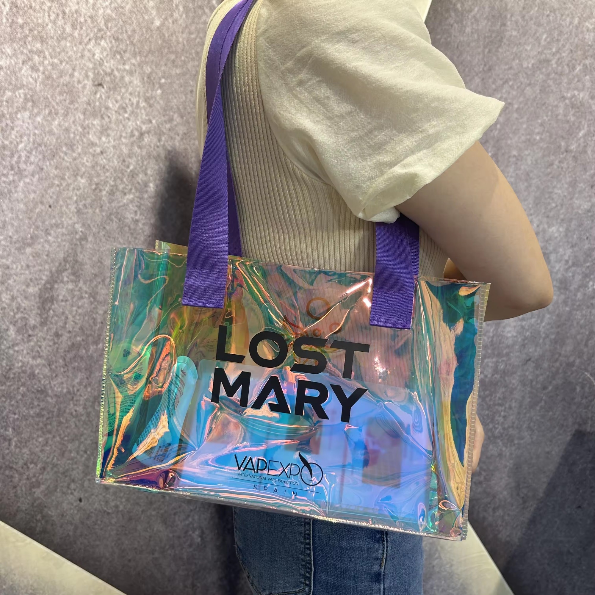 Luxury PVC hologram gift bags custom printing PVC laser portable holographic tote shopping bag