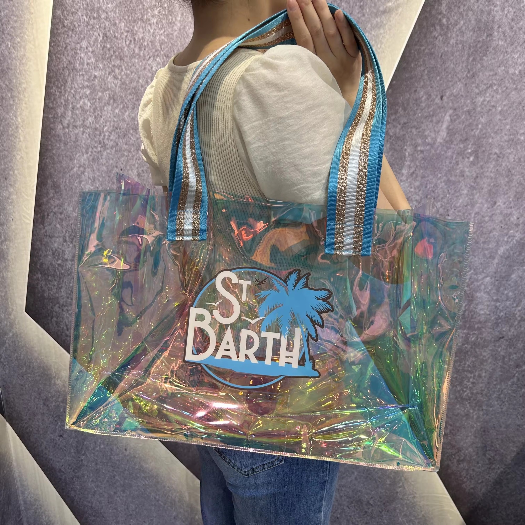 laser PVC hologram gift bags custom printing PVC laser portable holographic tote shopping bag