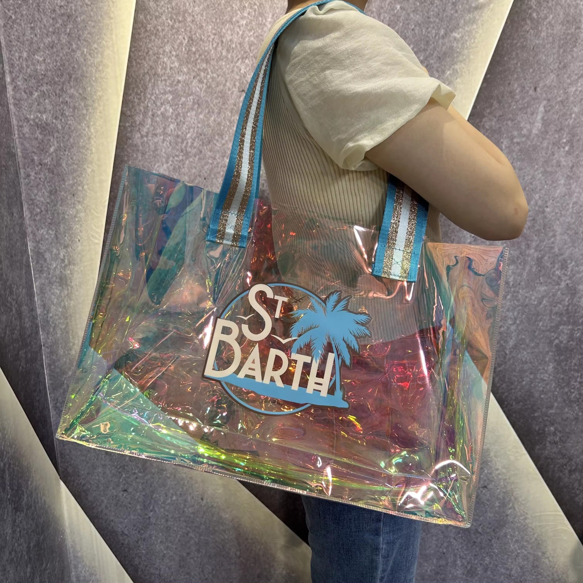 laser PVC hologram gift bags custom printing PVC laser portable holographic tote shopping bag