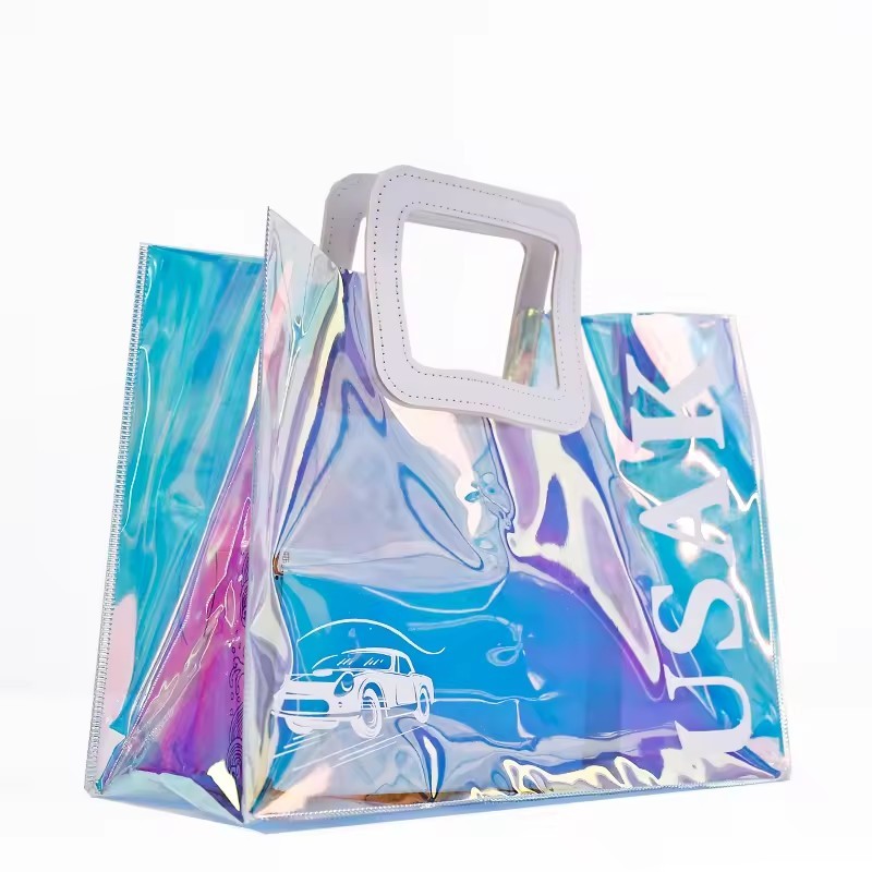 Luxury Laser PVC handle shopping bags with logo printing PVC laser portable tote bag hologram shopping bag