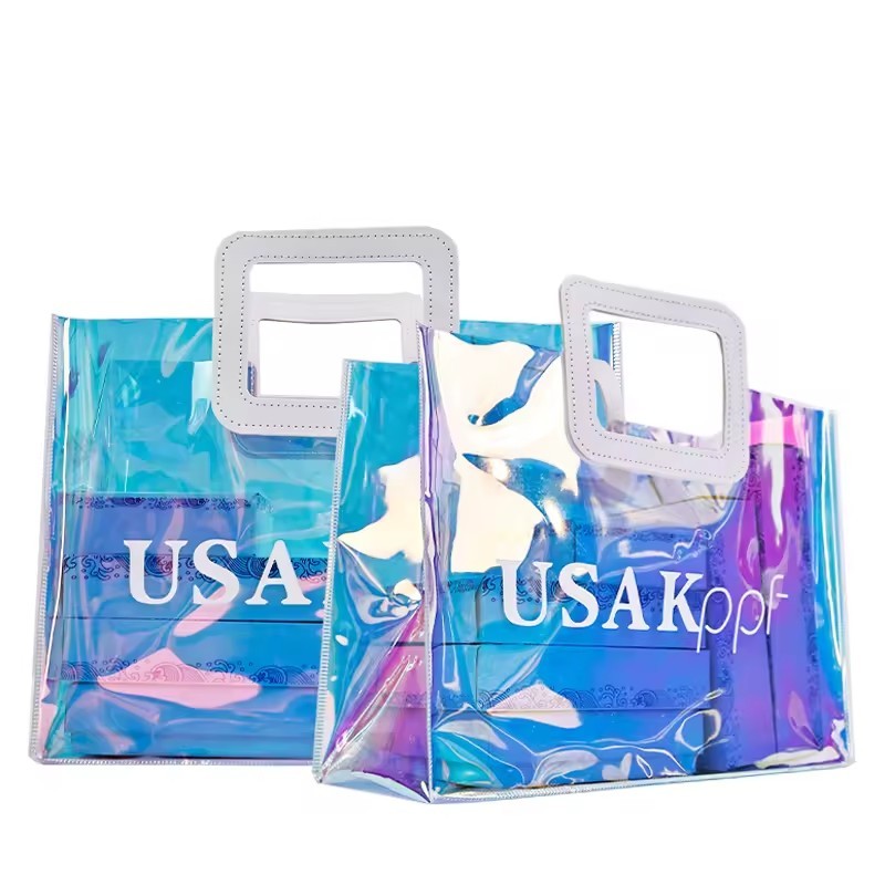 Luxury Laser PVC handle shopping bags with logo printing PVC laser portable tote bag hologram shopping bag