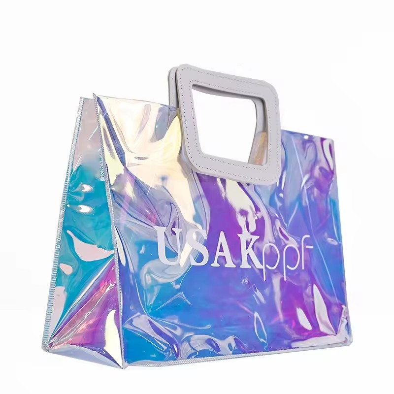 Luxury Laser PVC handle shopping bags with logo printing PVC laser portable tote bag hologram shopping bag