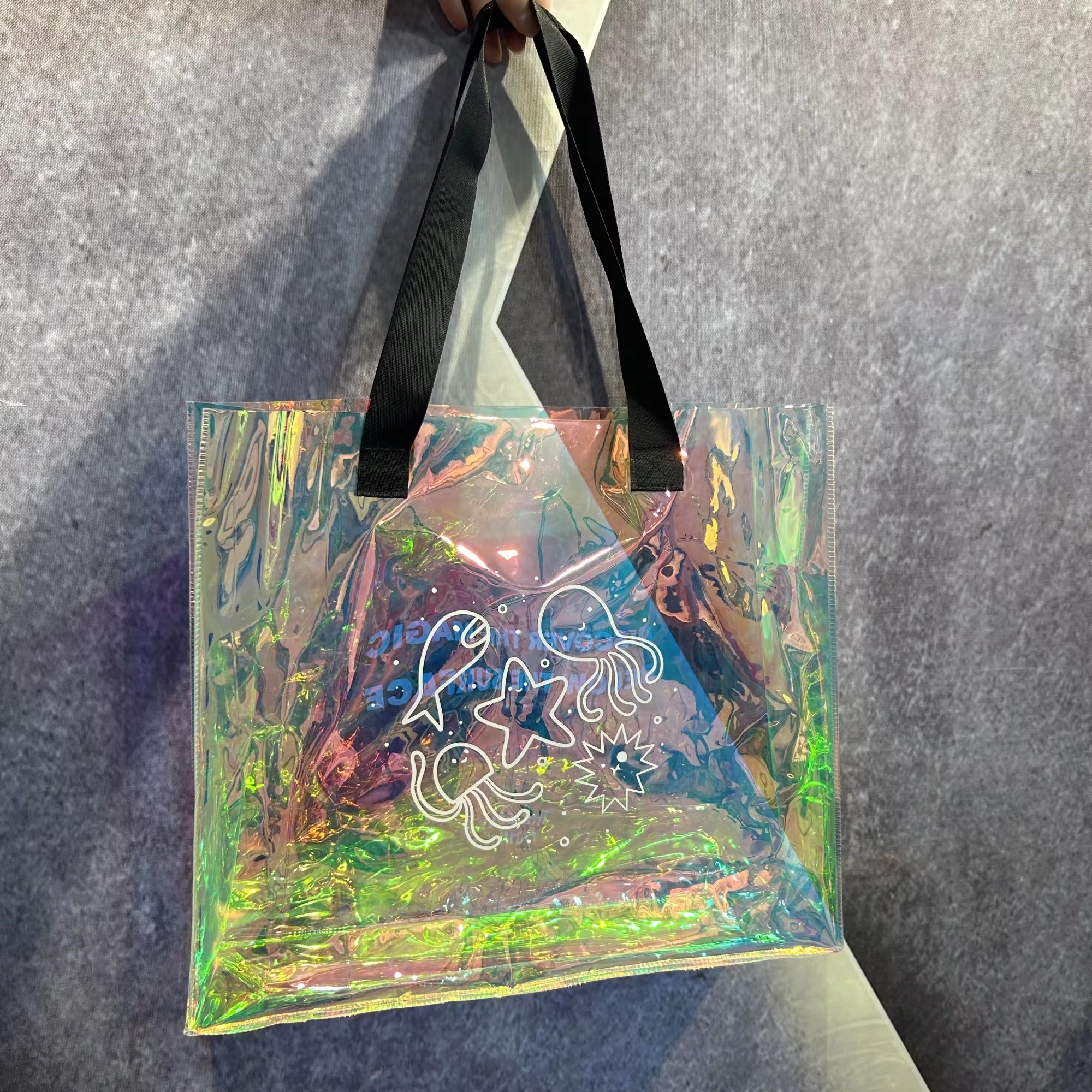 Female Holographic tote bag Transparent Handbags Beach bag custom Laser PVC Bag