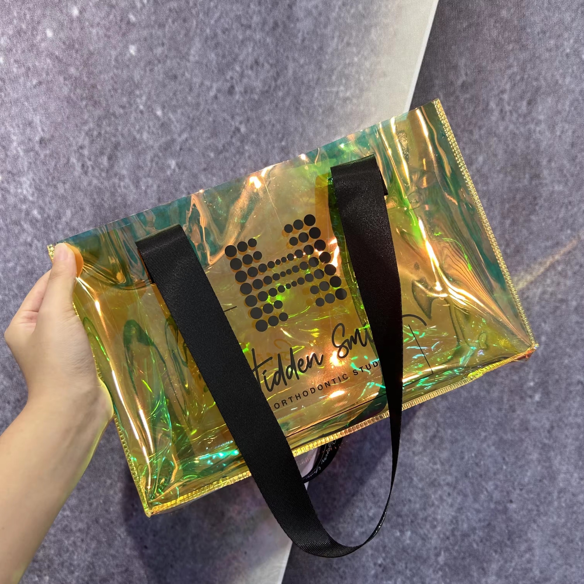 Fashion daisy Holographic pvc tote bags beach bag with ribbon handle with logo