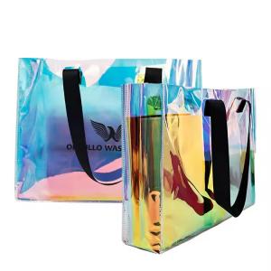 Holographic PVC Shopping Clear Tote Bag Beach bag with ribbon handle