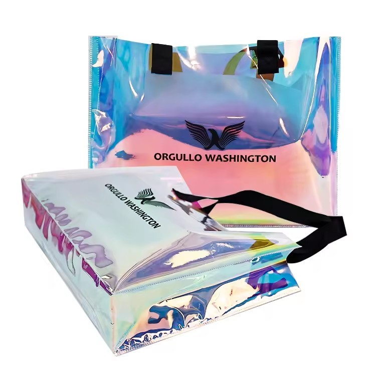 Holographic PVC Shopping Clear Tote Bag Beach bag with ribbon handle