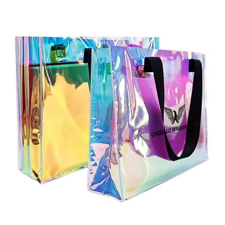 Holographic PVC Shopping Clear Tote Bag Beach bag with ribbon handle