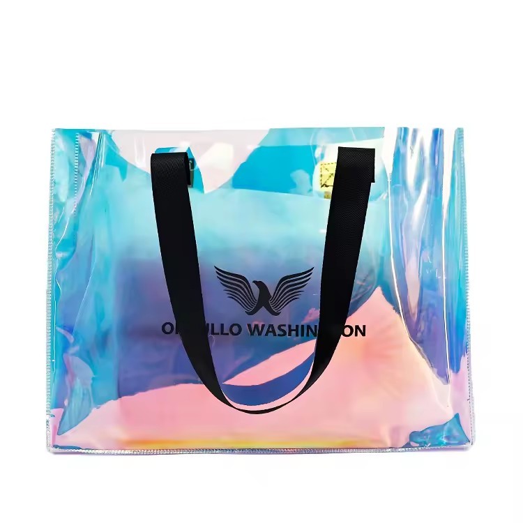 Holographic PVC Shopping Clear Tote Bag Beach bag with ribbon handle