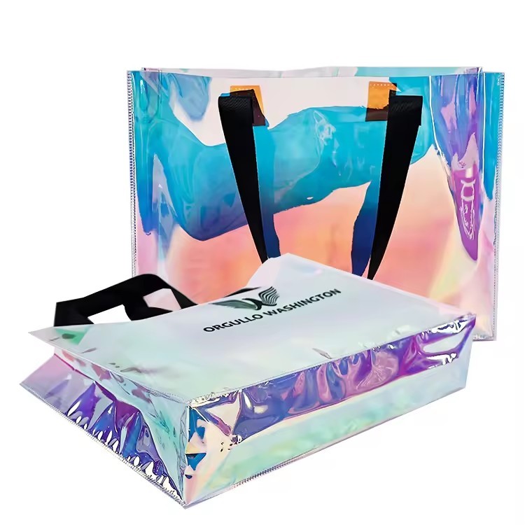 Holographic PVC Shopping Clear Tote Bag Beach bag with ribbon handle