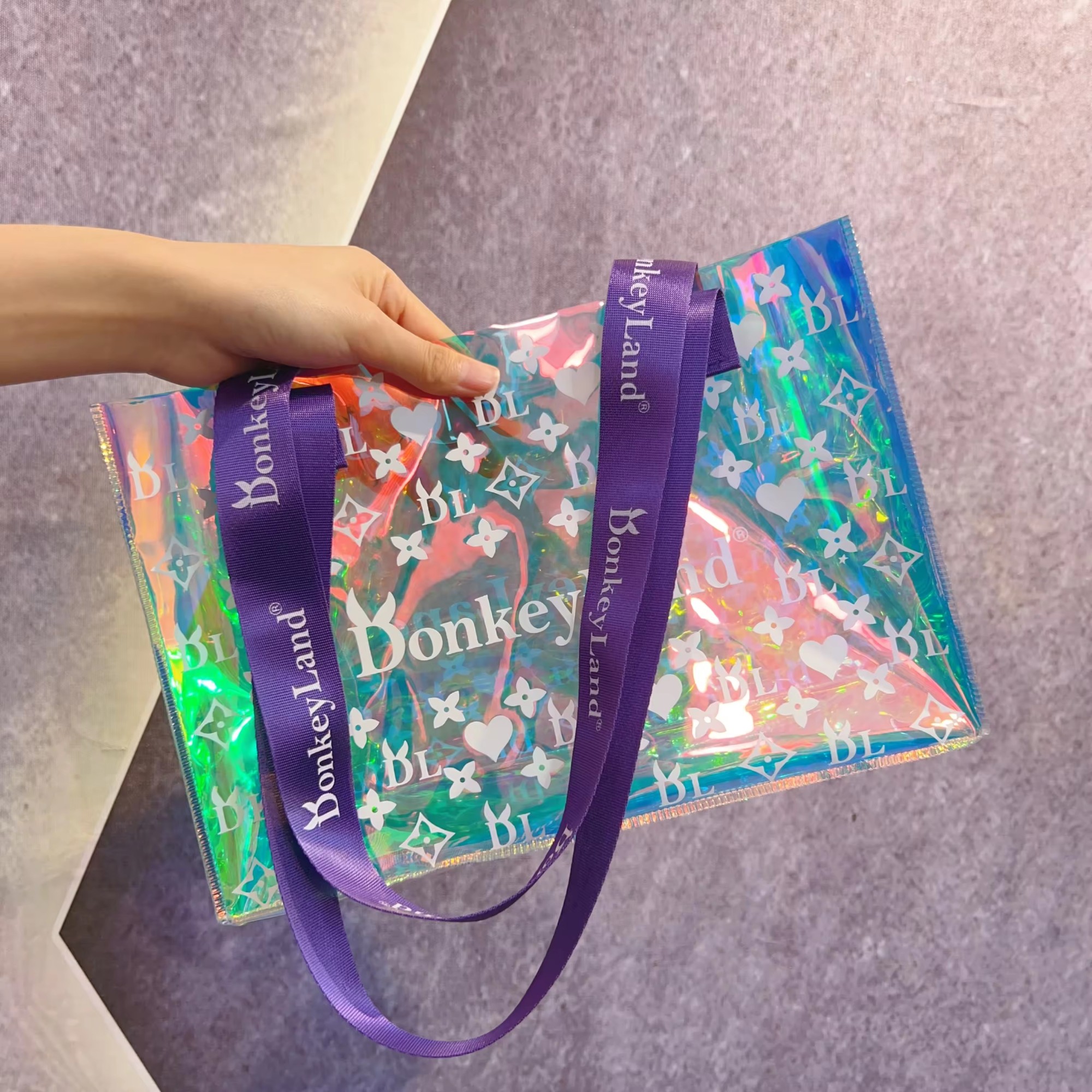 Luxury Laser PVC shopping bags with logo printing PVC laser portable holographic tote bag hologram shopping bag