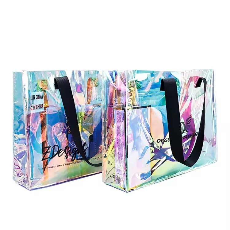 laser PVC shopping bags with logo printing PVC laser portable hologram shopping bag holographic tote bag