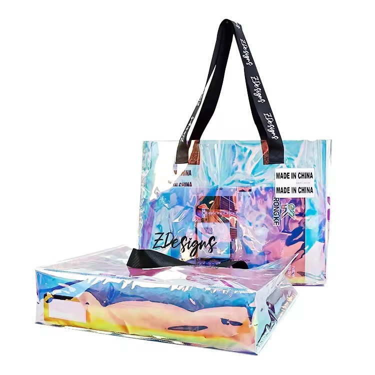 laser PVC shopping bags with logo printing PVC laser portable hologram shopping bag holographic tote bag