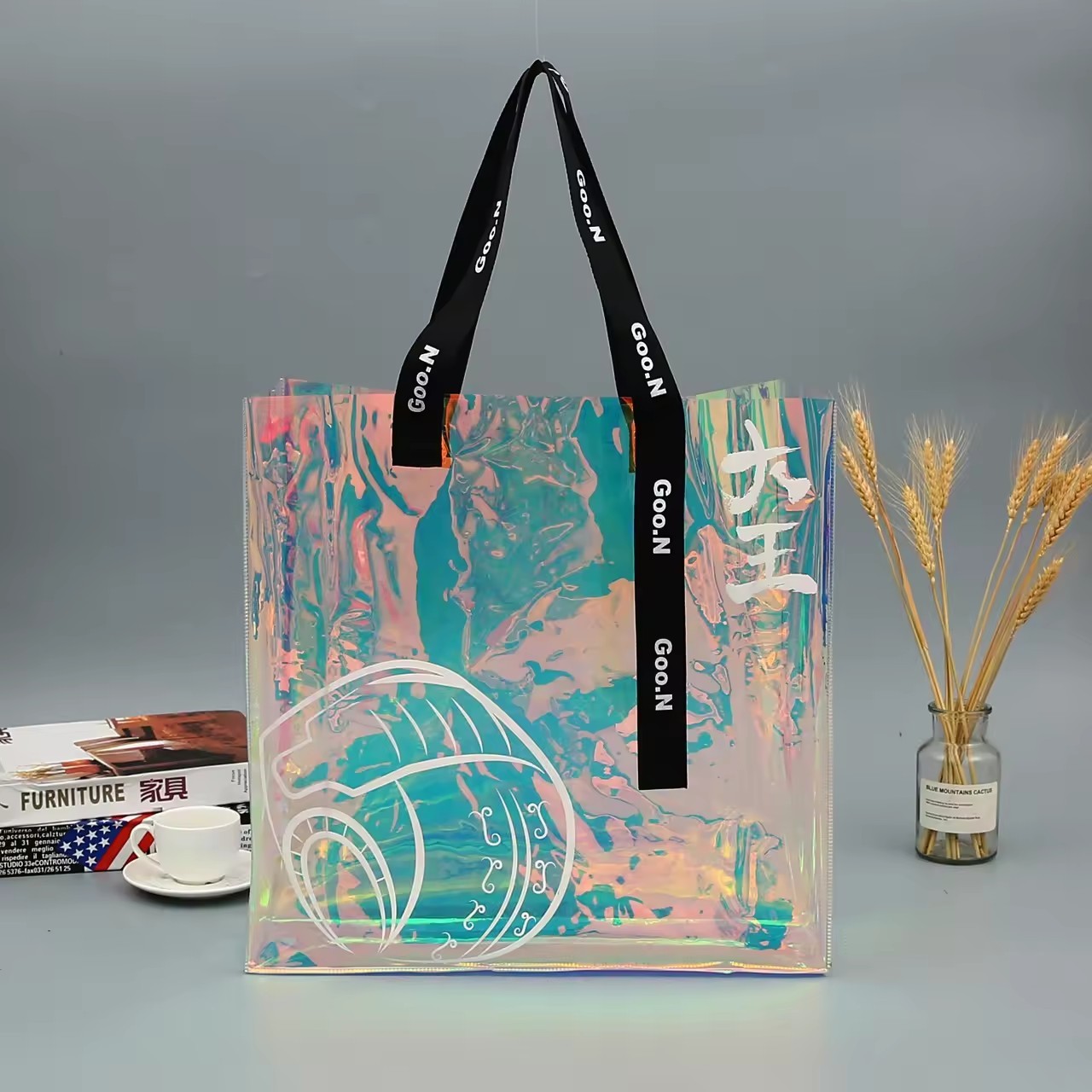 fashion clear shopping glitter tote bag ,PVC holographic bag