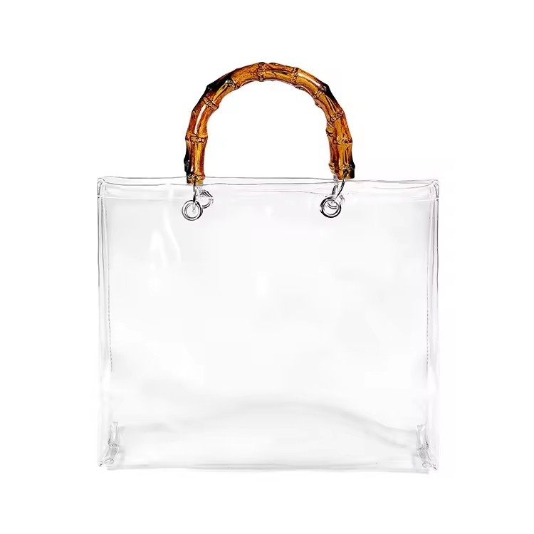 Ladies Transparent Canvas Chain Handbags Tote Purse Beach Bag with bamboo handles - 副本