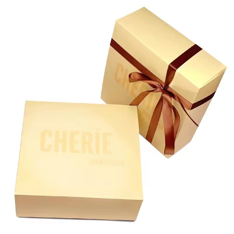 Eco-friendly Custom Logo Printed Golden Ribbon Box