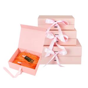 Bow Pink Christmas Women Gift Packaging Box Magnetic Closure Lid Folding Gift Paper Box with Ribbon