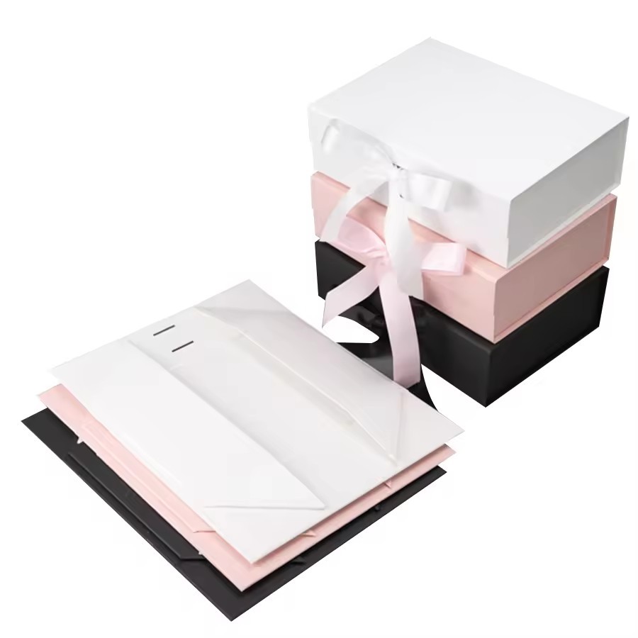 Bow Pink Christmas Women Gift Packaging Box Magnetic Closure Lid Folding Gift Paper Box with Ribbon