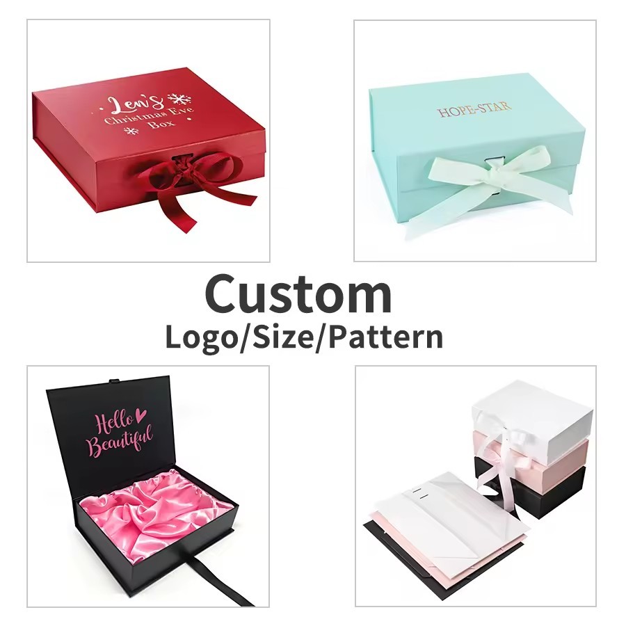 Bow Pink Christmas Women Gift Packaging Box Magnetic Closure Lid Folding Gift Paper Box with Ribbon