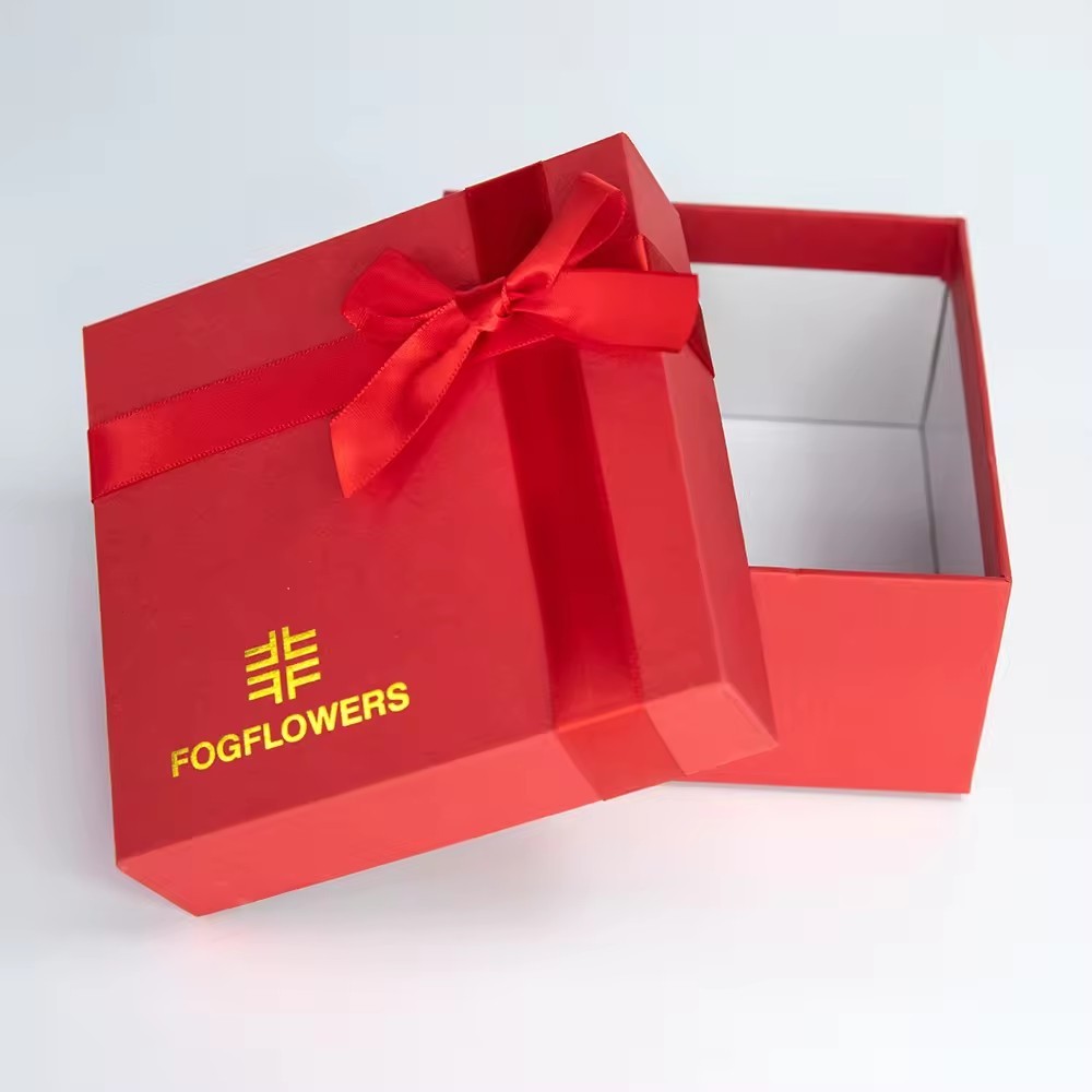 Cardboard Packaging Removable Lid 2 Piece Rigid Red Gift Boxes With Ribbon Bow