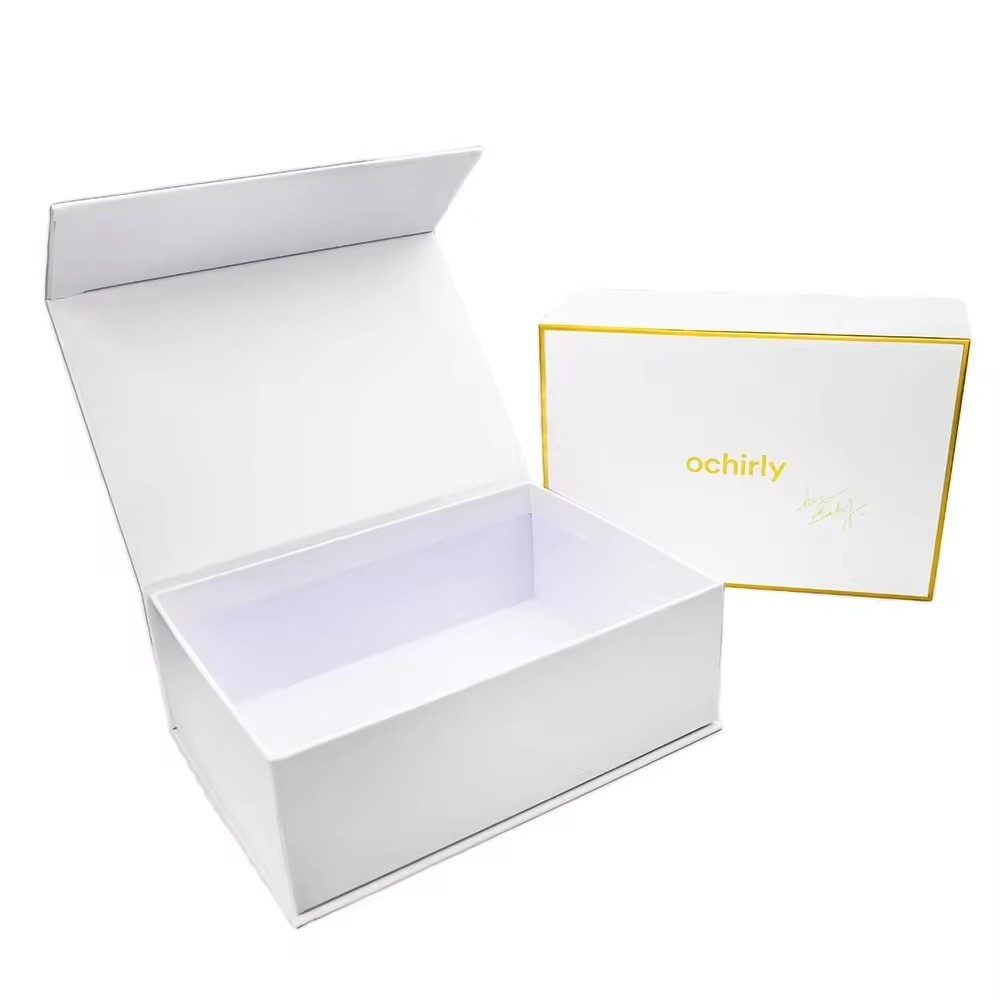 White Cardboard Fashion Bags Dress Packaging Book Magnet Lid Rigid Gift Box With Luxury Gold Printed