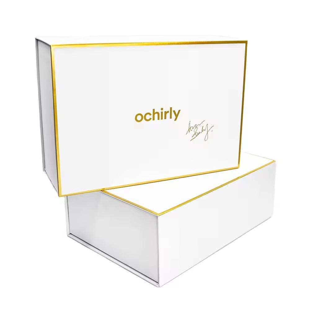 White Cardboard Fashion Bags Dress Packaging Book Magnet Lid Rigid Gift Box With Luxury Gold Printed