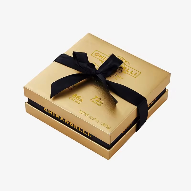 Gold Cardboard Packaging Lid And Base Ribbon Rigid Gift Boxes With Neck For Chocolate