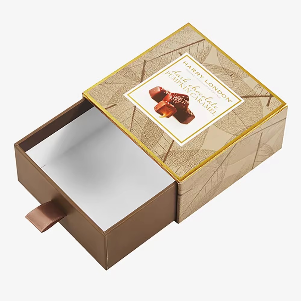 Gold Cardboard Packaging Lid And Base Ribbon Rigid Gift Boxes With Neck For Chocolate