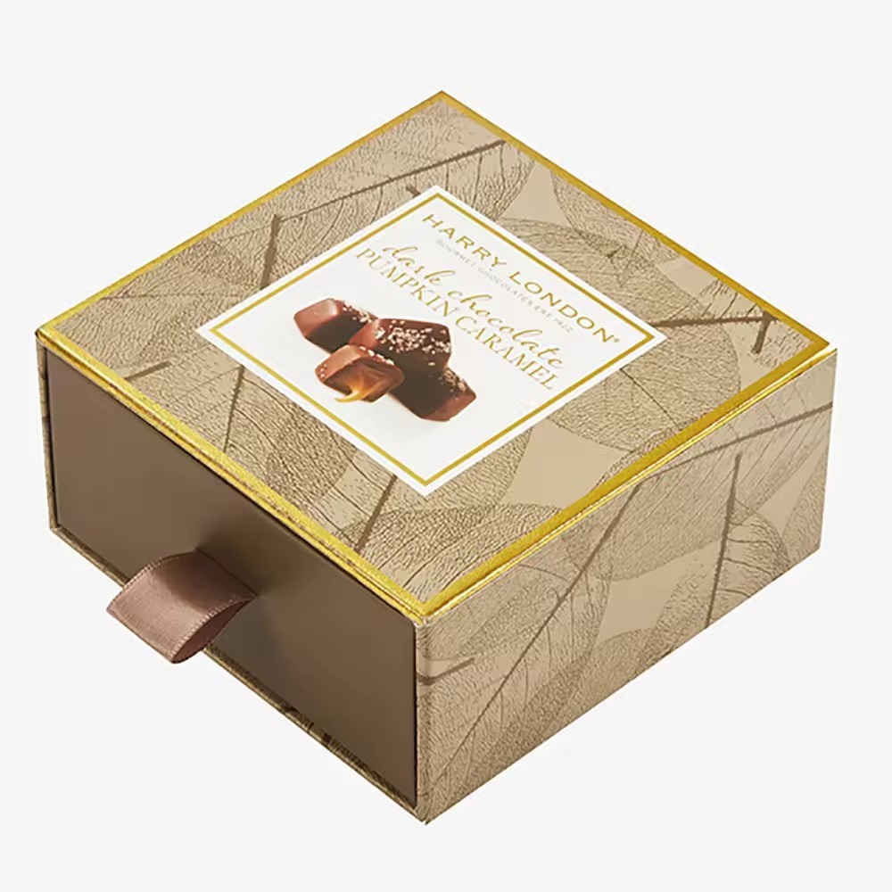 Gold Cardboard Packaging Lid And Base Ribbon Rigid Gift Boxes With Neck For Chocolate