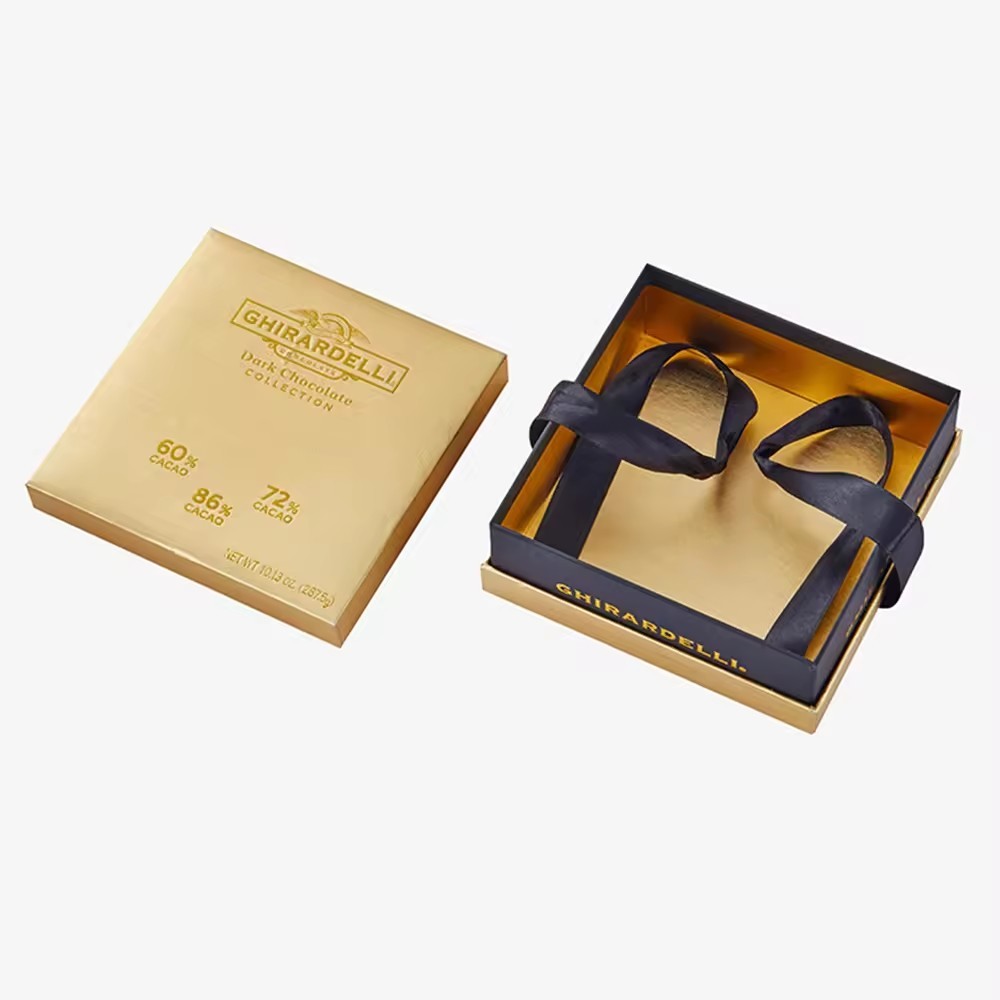 Gold Cardboard Packaging Lid And Base Ribbon Rigid Gift Boxes With Neck For Chocolate