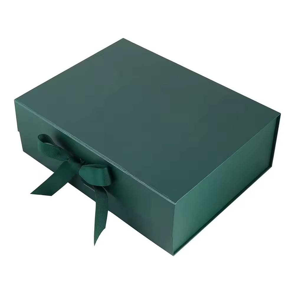 Magnet Folding Green Color Rigid Packaging Hamper Ribbon Gift Box With Custom Logo